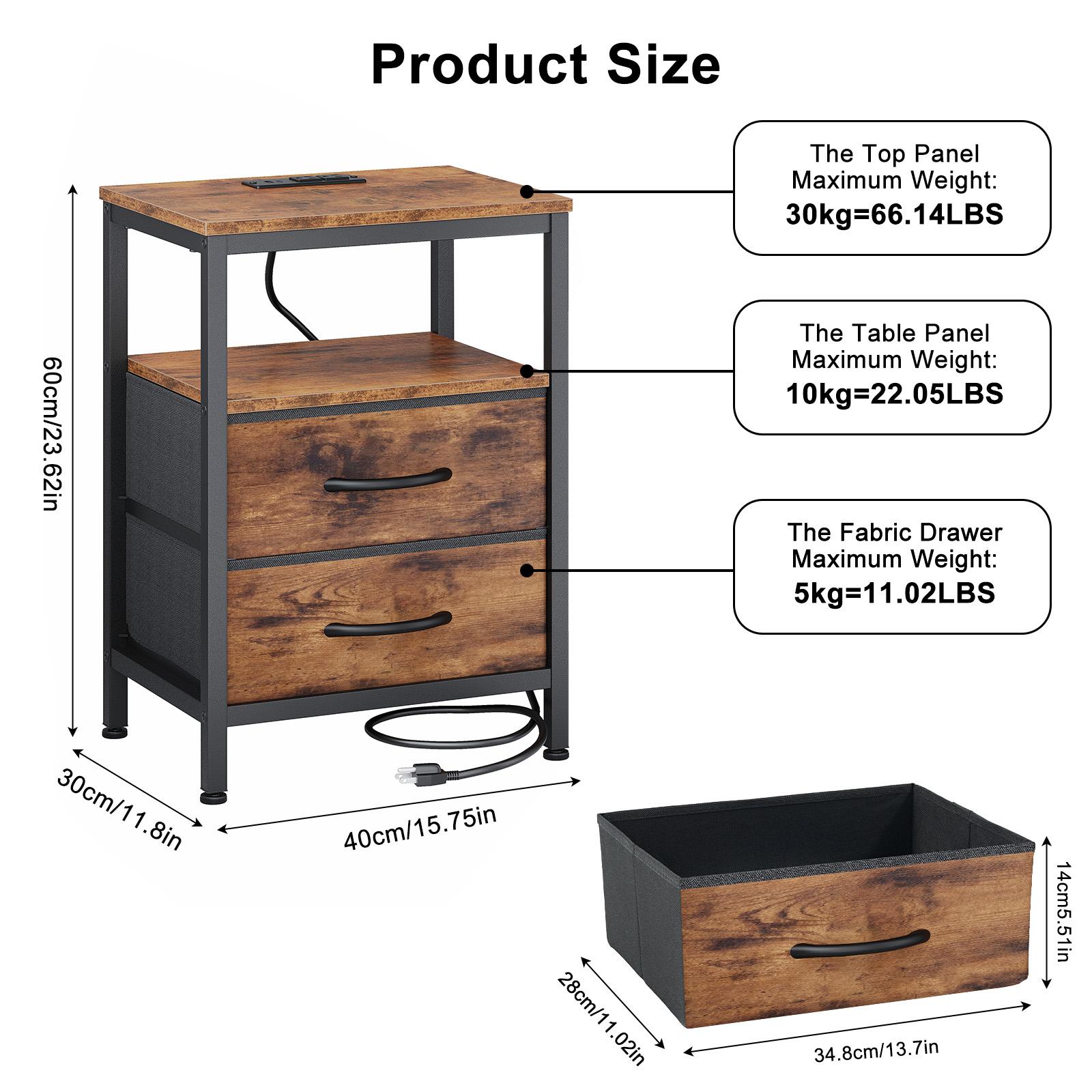 2-Pack Multi-Function Bedside Tables with Fast Charging Station & Fabric Drawers - Adjustable Nightstand Set for Bedroom, Living Room, Small Spaces