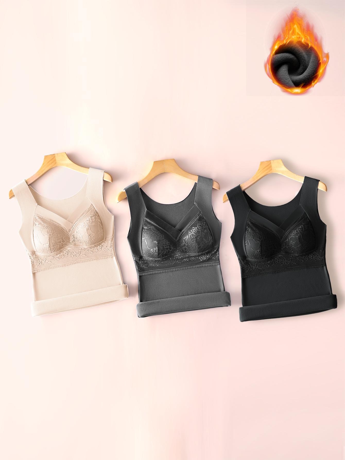 3-Pack Women's Autumn Winter De Velvet Thermal Lace Underwear V-neck Sleeveless Built-in  Soft Warm Breathable Skin-friendly Elastic Sexy Daily Wear Thermal Underwear Fall Casual Elegance