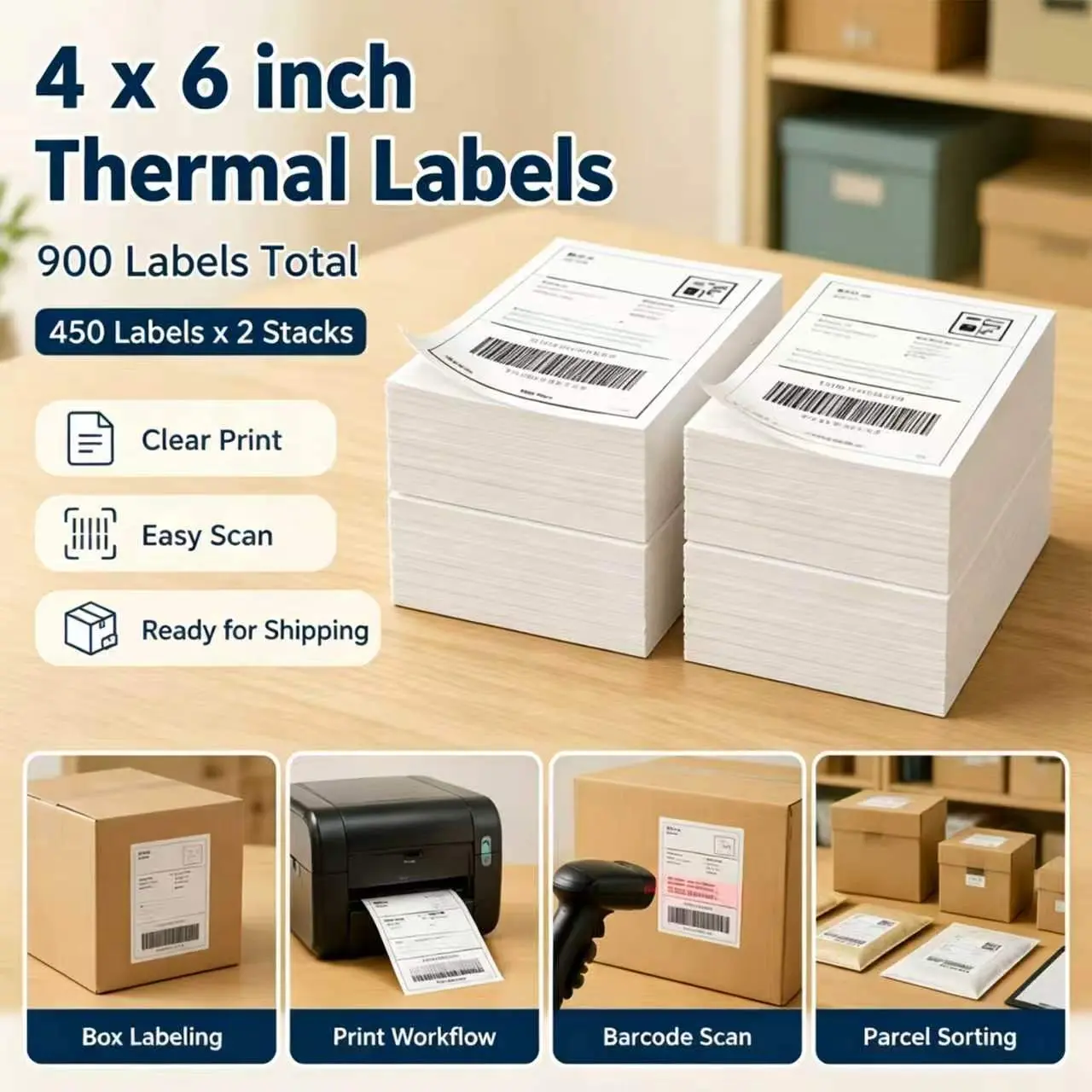 Tear-Off Foldable Adhesive Labels & Stickers, 4x6 inch Blank Durable Strong Sheets, 900-Count (450 per Stack), Direct Thermal Coating, Easy Scan, Self-Adhesive, Compatible with Zebra & Major Printers, Cost-Saving for Office Use, 450 Labels Per Stack