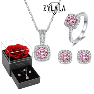 [176 Pink Set] 1.0/2.0 Carat Luxurious Synthetic Moissanite Jewelry Ser for Ladies Ring Necklace Earring 925 Silver Jewelry Engagement Casual Daily Wearing With Certificate