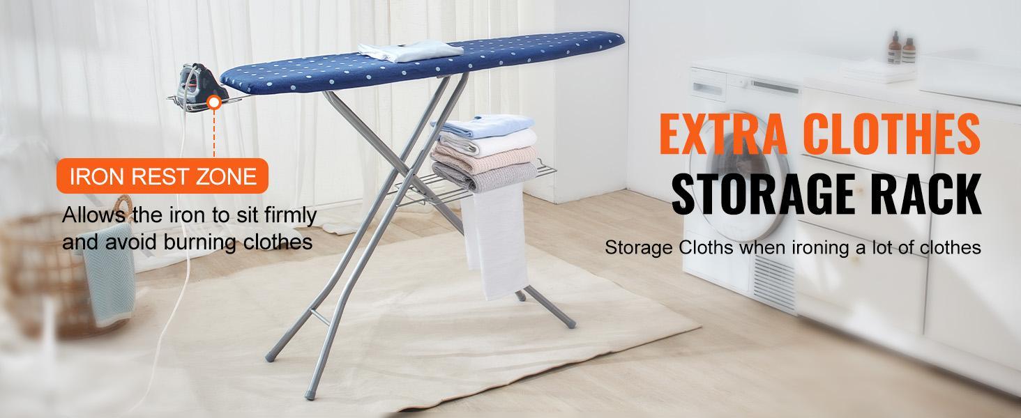 VEVOR Ironing Board with Bottom Storage Tray, Thickened 4 Layers Iron Board with Heat Resistant Cover and 100% Cotton Cover, 10 Adjustable Heights Ironing Board for Home Laundry Room Use (Size 55x15)