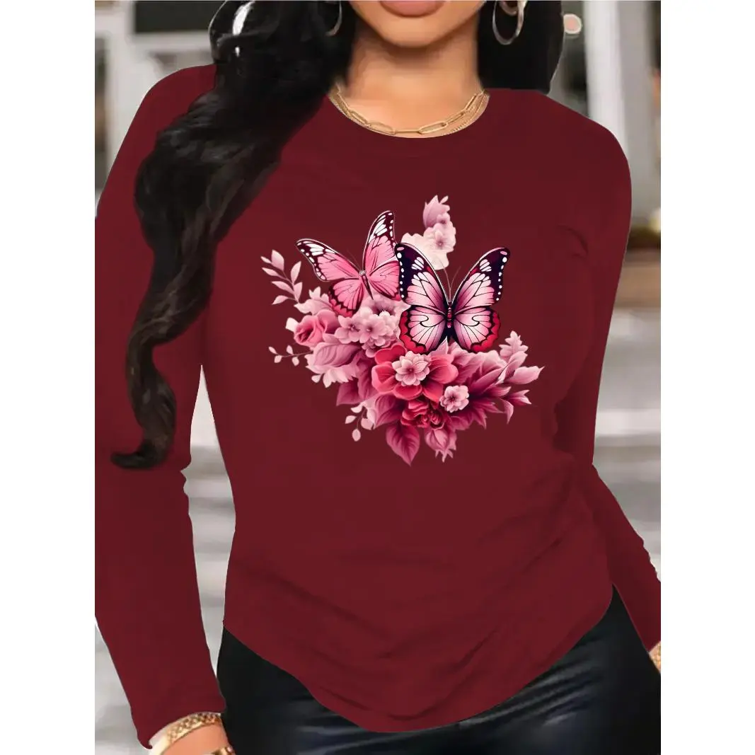 Wo Long Sleeve Aesthetic Right T-Shirt Elegant and Floral Graphic Tee Romantic and Nature - Inspired Top Casual Daily Wear Date Nights and Feminine Style Statets
