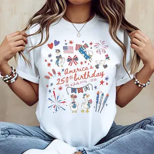 Women Casual T Shirt America 250th Birthday Independence Day Celebration Patriotic Duck And Fireworks Print For July 4th Party