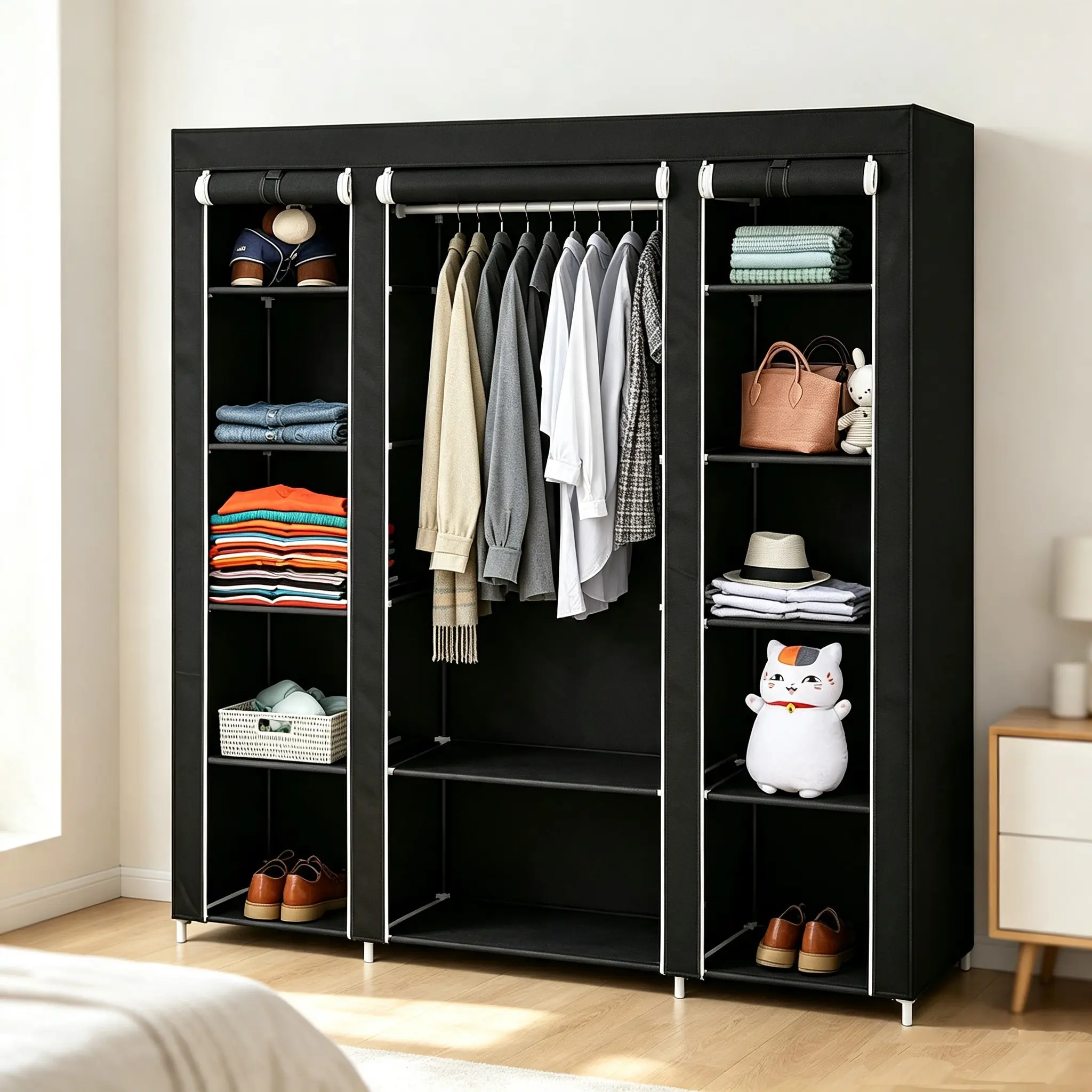 69" Portable Non-Woven Fabric Clothes Closet Wardrobe Storage Organizer - Modern Apartment Furniture, Quick Setup Single Unit, Easy Assembly, Extra Strong & Durable (Black)