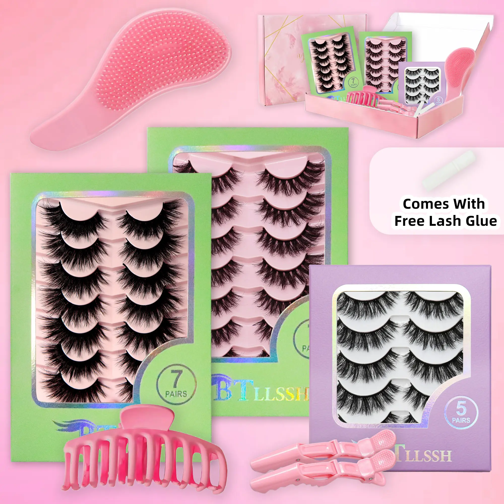 19A BTLLSSH 19 Pairs False Eyelash Gift Set 16mm 18mm Wispy Fluffy Lashes with Lash Glue Hair Clips Comb Brush Natural Volume Eyelashes Kit