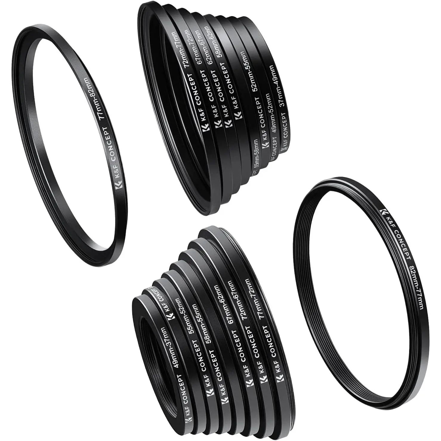 K&F CONCEPT 18-Piece Aluminium Photography Tool Accessories Kit, Camera Lens Filter Metal Stepping Ring Adapter (9 Step-Up + 9 Step-Down) Black
