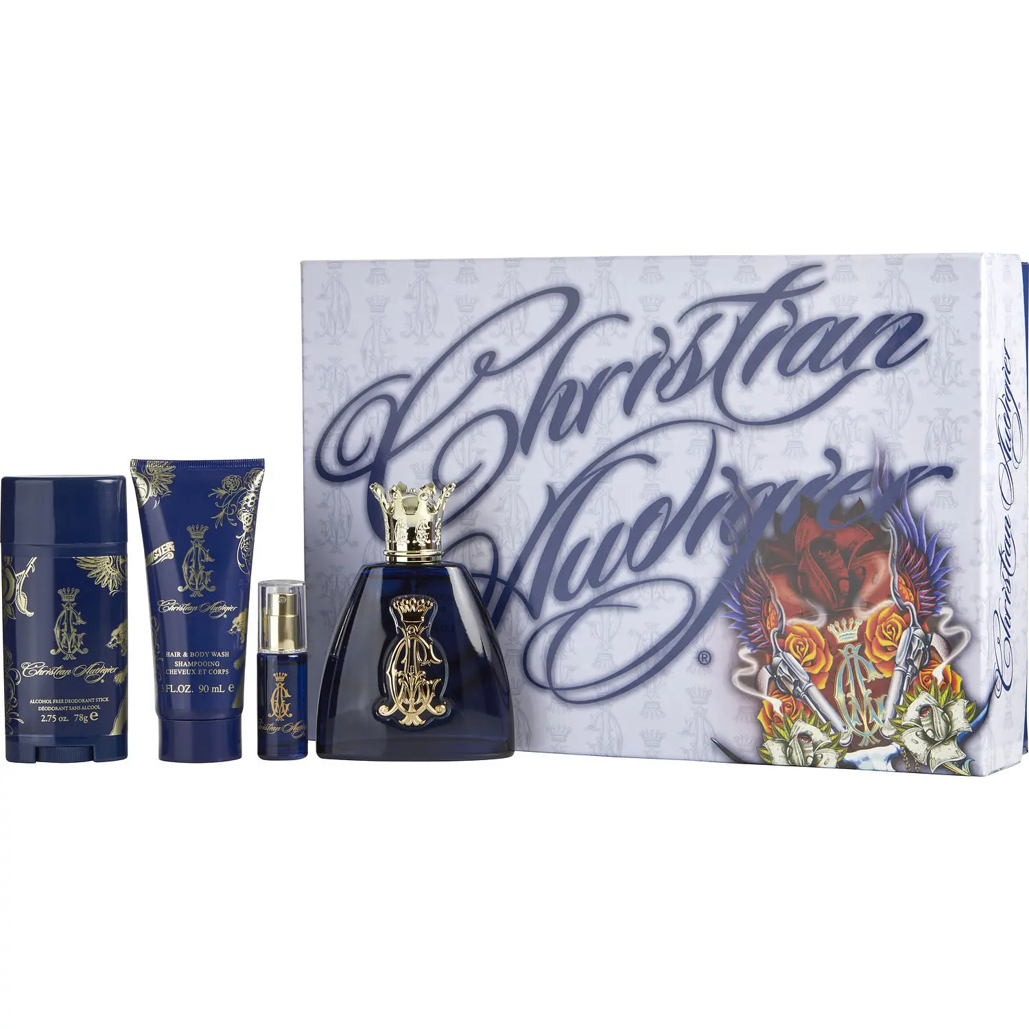 Christian Audigier Set-Edt Spray 3.4 Oz & Hair And Body Wash 3 Oz & Deodorant Stick Alcohol Free 2.7 Oz & Edt Spray 0.25 Oz Mini For Men