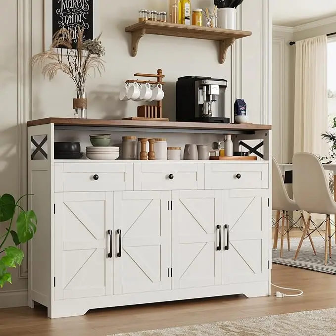 [tiktokshopbacktoschool] Vabches Farmhouse Buffet & Sideboard Cupboard Furniture - White Pantry Cabinet with Multiple Drawers, Wood Hutch, Coffee Bar Station for Kitchen, Living Room,dorm essentials,home decor