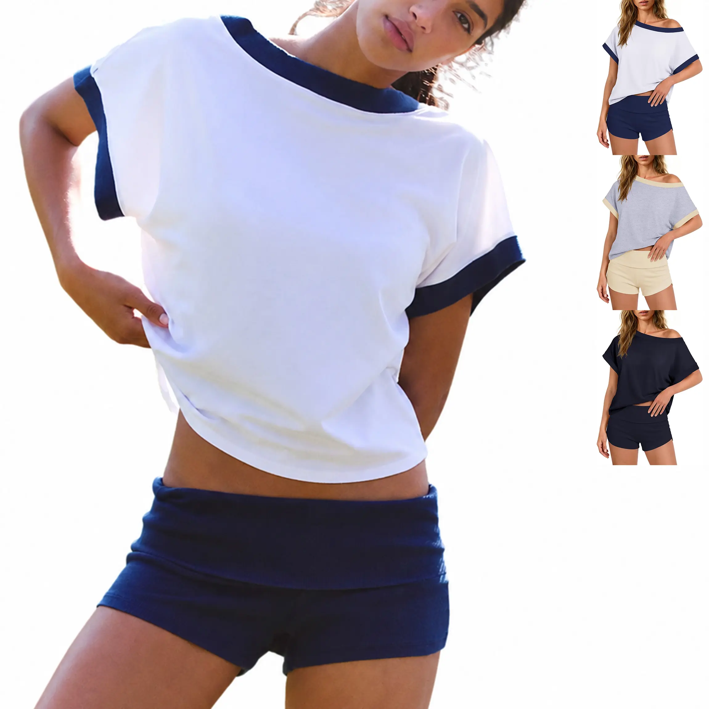 Buenoble Women’s 2 Piece Off Shoulder Lounge Set Contrast Trim Oversized Tee and Ribbed Shorts Summer Casual Workout Outfit