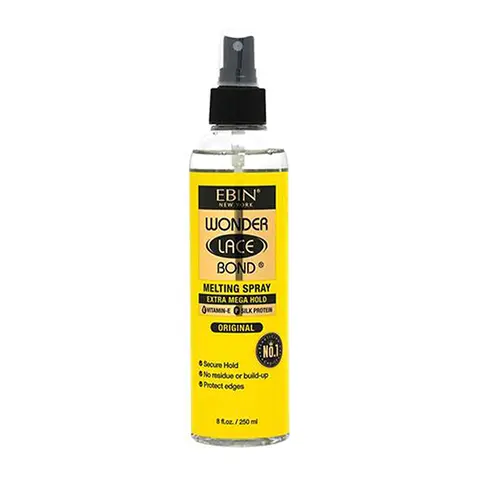 Ebin New York Wonder Bond Melting Spray with Silk Protein, Extreme Firm Hold Haircare for Lace Wigs and Edges, Fruity Acai Berry Scent for Adults, 8oz Bottle, Moisture, Cruelty Free, Helps Lace Blend Into Natural Hair, Lace Bonding
