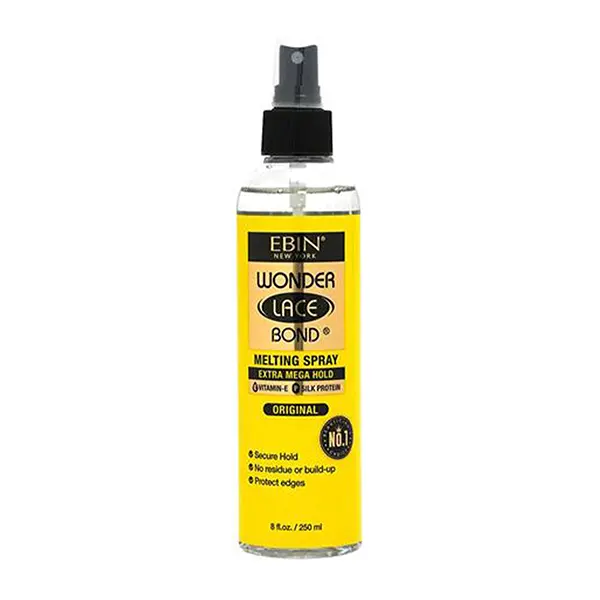 Ebin New York Wonder Bond Melting Spray with Silk Protein, Extreme Firm Hold Haircare for Lace Wigs and Edges, Fruity Acai Berry Scent for Adults, 8oz Bottle, Moisture, Cruelty Free, Helps Lace Blend Into Natural Hair, Lace Bonding
