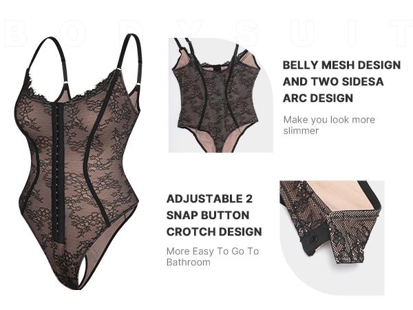 Shapellx Lace Glamour Thong Hourglass Bodysuit Tummy bridle Front Button Design Tops Comfort Shapewear for Women Sleeveless Skinny Slim Womenswear