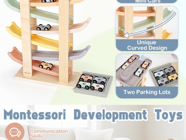 Joyreal Montessori Toddler Toys for 1 2 3 Year Old - 7 Level Wooden Car Ramp Racer Toys with 8 Mini Cars & 2 Garages - Christmas Birthday Gifts for Boys and Girls