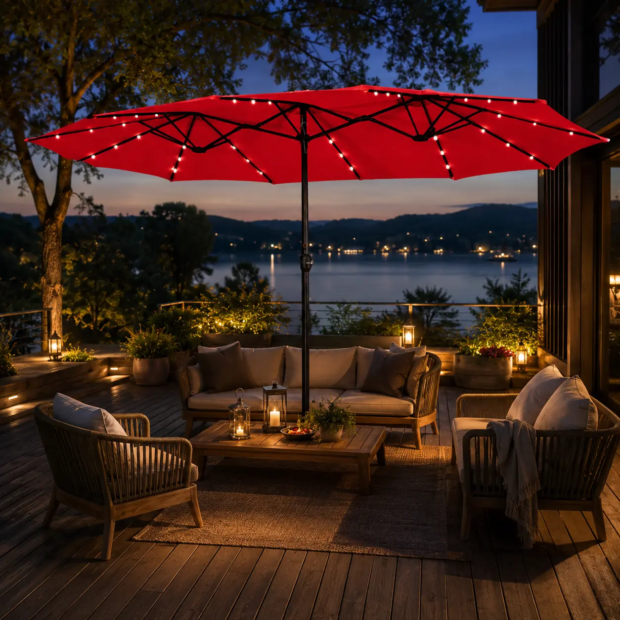 【All Red】Yaheetech 13/15ft Large Patio Umbrella with 36 Lights, Double-Sided Outdoor Rectangle Umbrellas with Base, Sandbags, Hand Crank & Ventilation Canopy for Patio Garden Backyard,home decor,camping essentials