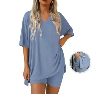 V Neck 2 Piece Sets for Women Summer Casual Oversized Split Hem Shirts & Side Pocket Biker Shorts Minimalist Lounge Wear Soft Viscose Fabric Comfy Homewear Cozy Pjs 2026 spring Summer Loose Short Set Pajama Top