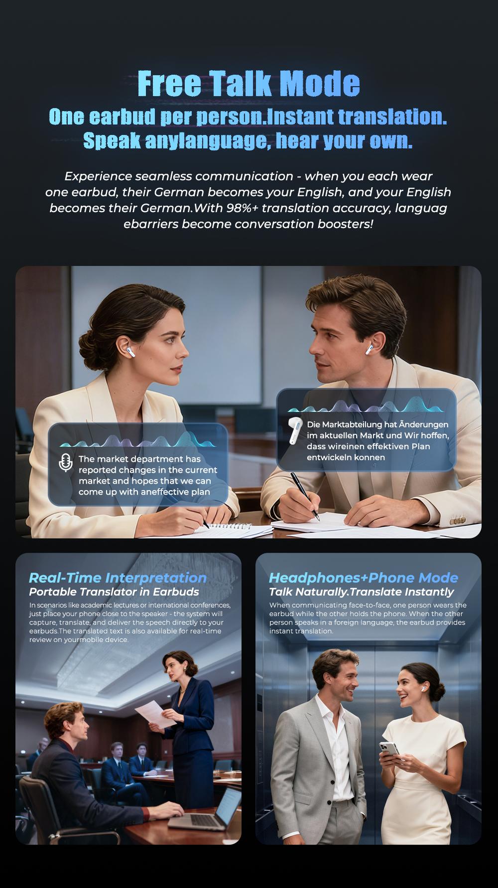 HTC NE49-ai translation headset Bluetooth headset (6.0), charging box, IPX5 waterproof, 35 hours of charging box life, built-in microphone.