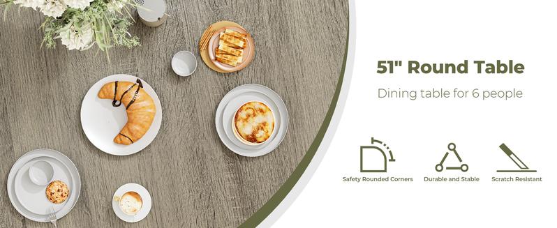 IRONCK 51" Round Dining Table for 6, Wood Kitchen Table with Metal Base, Space Saving Industrial Circle Dinner Table for Kitchen Dining Room