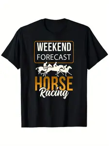 Men'S & Women'S Horse Racing Graphic T-Shirt - Weekend Forecast Design with Galloping Horses & Jockey Silhouettes, Breathable Short-Sleeve Tee, All-Season Comfort Fit, S-XXXL Sizes, Black with White Lettering, Casual Sportswear for Horse Racing Even