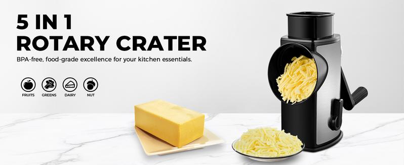 SUSTEAS Rotary Cheese Grater with Handle - Comes with 5 Blades, Powerful Suction Cup Base, Comes with Blade Storage Box Cutlery Kitchen Utensil Stainless Steel-Black Vegetable Cutting Slicer