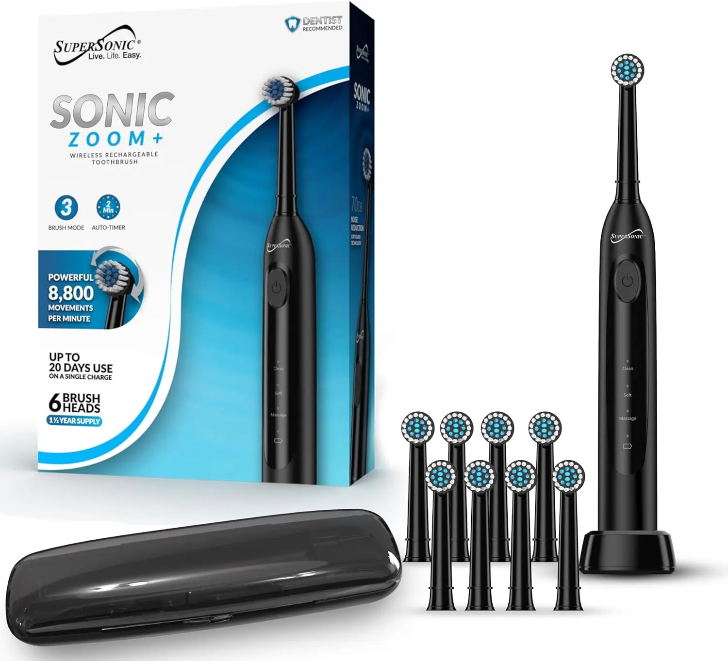 Supersonic Sonic Zoom+ Rotating Rechargeable Electric Toothbrush - Water Proof Dental Cleaner with 8800 OPM, Wireless Charging, Timer, Lithium-Ion 650 mAh Battery, Travel Case & 6 Brush Heads (Black)