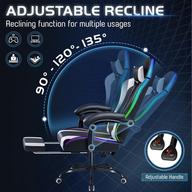 [Completely Upgraded] Homall Gaming Chair with RGB LED Lights&No LED Lights,Ergonomic Design, Footrest & Massage Lumbar Support, Height Adjustable, Seat with 360° Swivel and 135° Recline, High-Density Foam, PU Leather, 300 lbs Weight Capacity