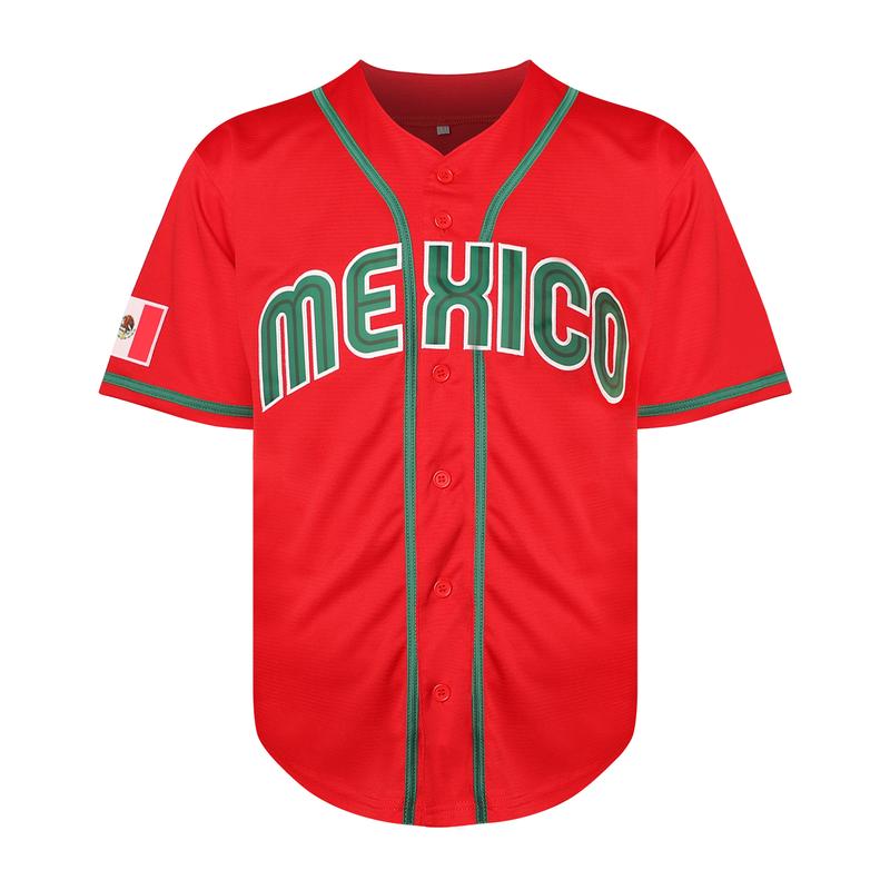 Mexico #34 Red Green Stitched Baseball Jersey Button Up Shirt with Mexican Flag Patch Embroidered Letters Classic Fan Apparel for Men Women Mexico #34 Red Green Stitched Baseball Jersey Button Up Shirt with Mexican Flag Patch Embroidered Letters Classic Fan Apparel for Men Women