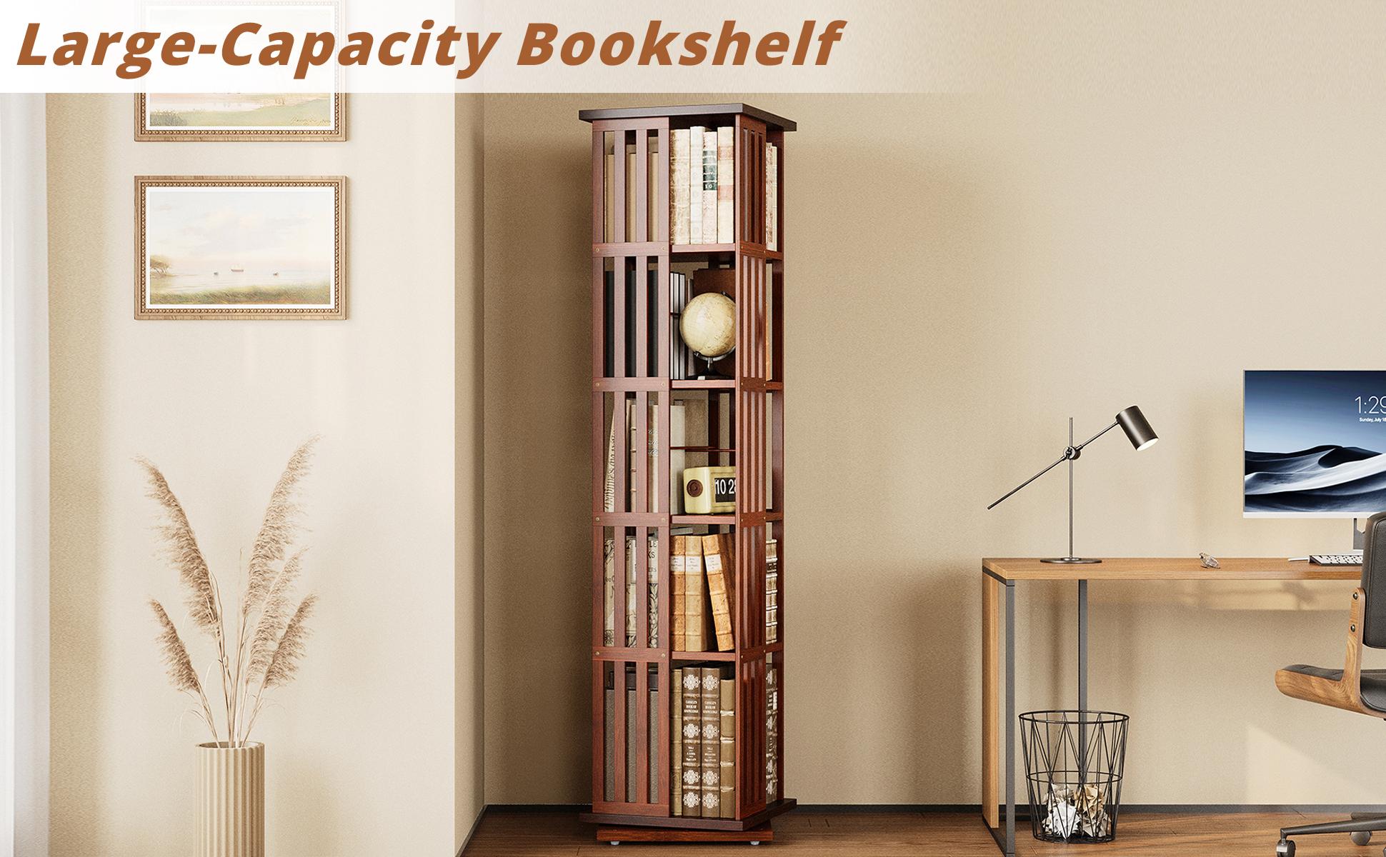 IRONCK 360° Rotating Bookshelf Tower, 5-Tier Spinning Display Storage Shelves 60 in Tall Bamboo Bookcase for Office, Living Room, Bedroom