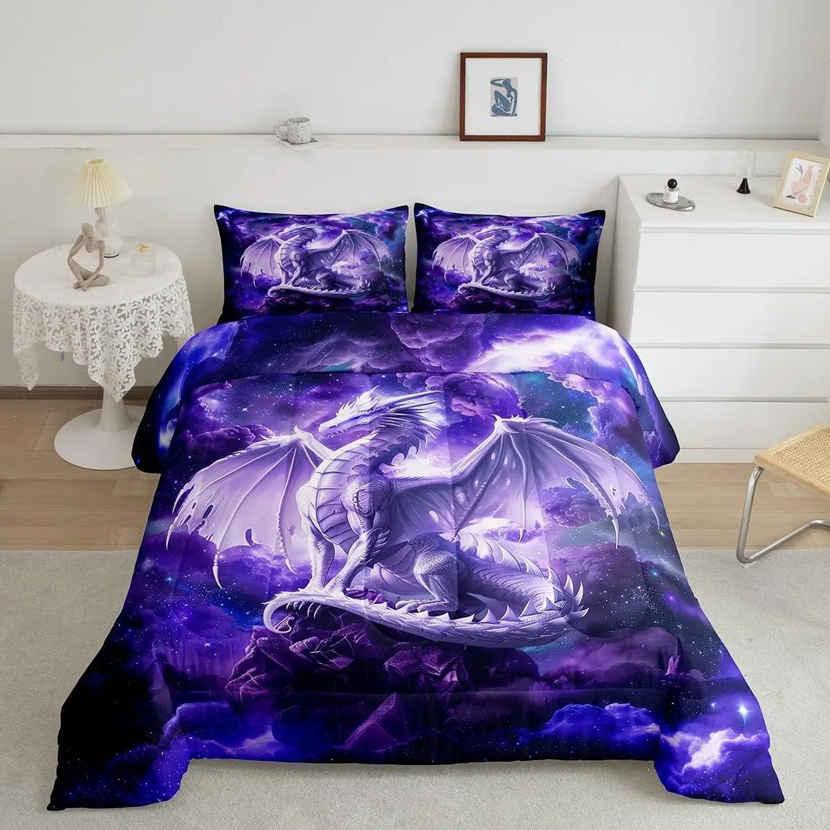 Feelyou 3D Print Dragon Galaxy Bedding Set - Purple Starry Sky Comforter, Glitter Nebula Outer Space Duvet Insert, Western Magical Animal Quilt, Room Decor, Multi-Size, Lightweight Warm, Travel-Friendly, Core Bedding Pieces Included