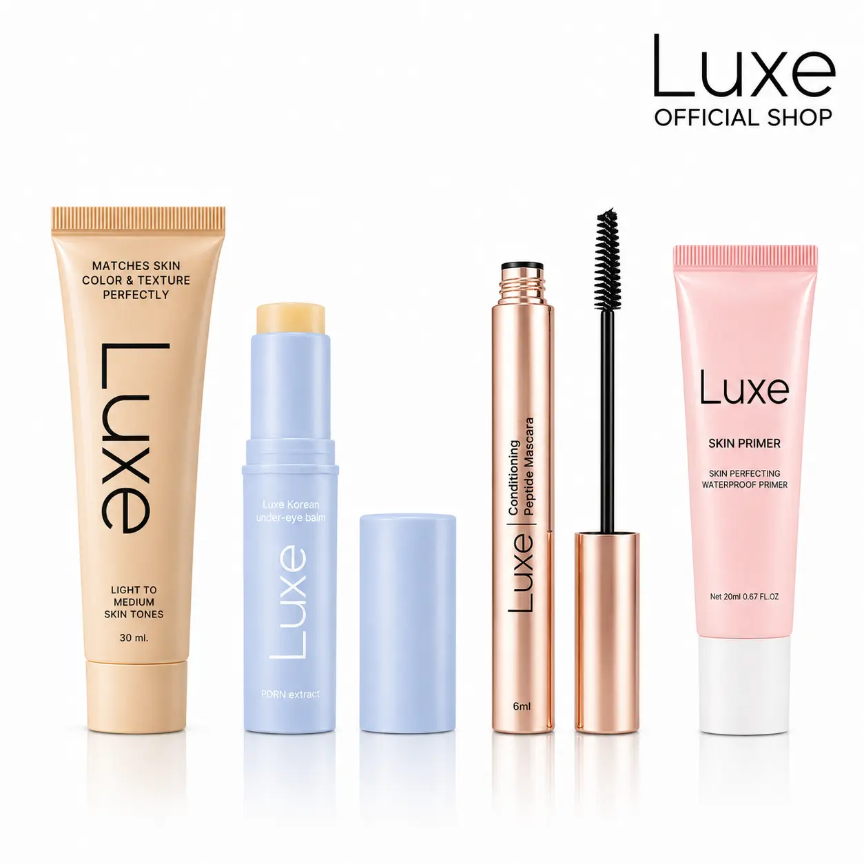 [Luxe Official] Korean Lightweight Daily Flawless Makeup Set - Foundation, Under-Eye Balm, Mascara, Primer for Smooth, Radiant Finish, Beauty Bundle Kit