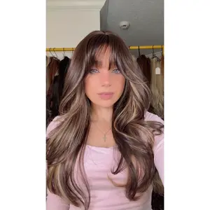 EllaRae | Megan Style Wig | Non Lace Front Brunette with Highlights And Bangs