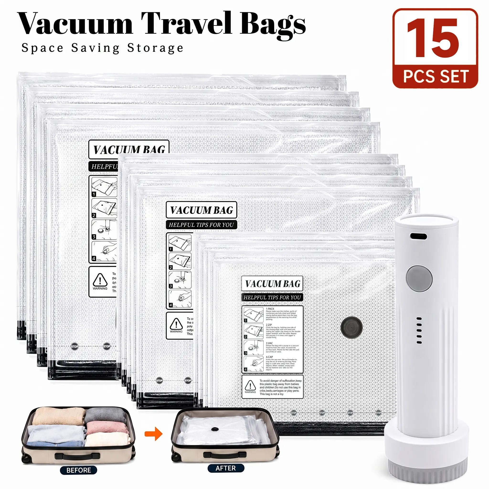 [2026 Upgraded] Travel Vacuum Bag Set with Rechargeable Air Pump, Airtight Resealing Sealed Compression Packing Bags for Luggage and Suitcases, Space Saver Bags for Clothes, Reusable Vacuum Storage Bags for Travel, Home & Dorm, TikTokShopBackToSchool