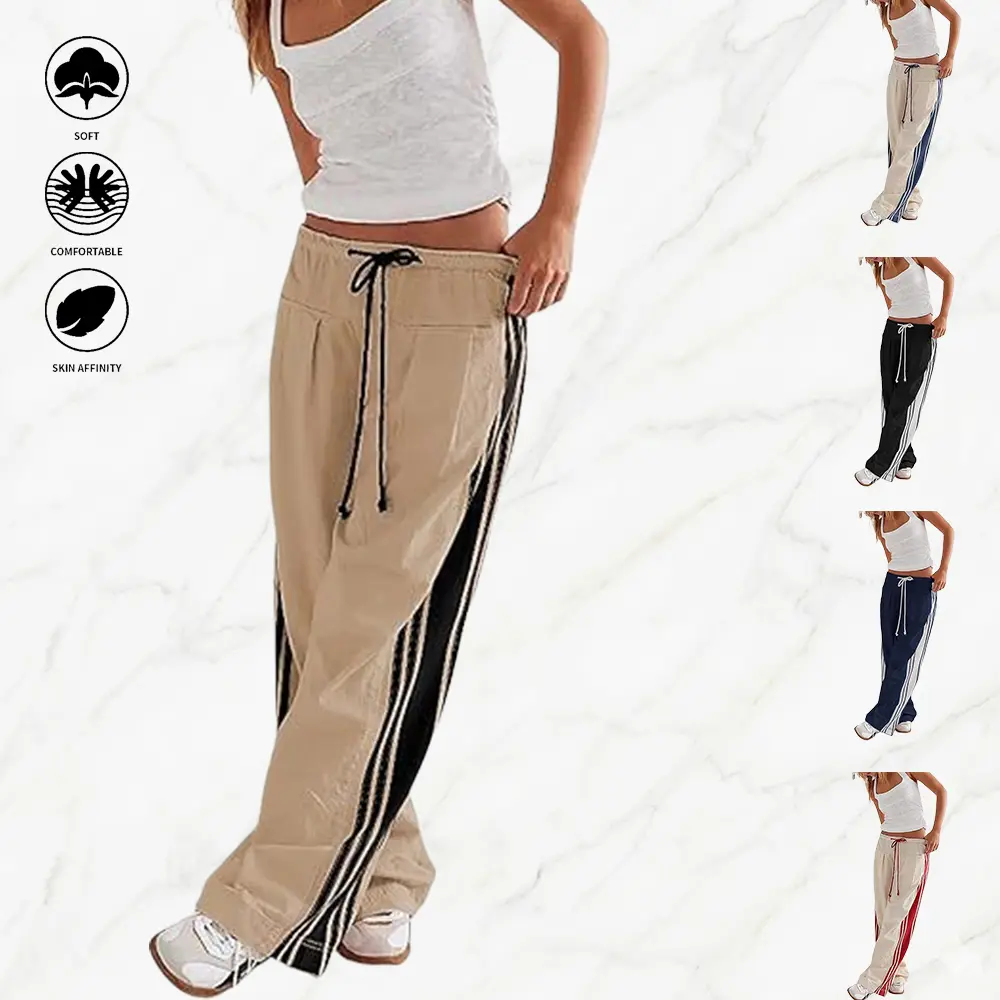 Women's Y2K Street-Style Striped Pants - Womenswear Bottom, Elastic Waistband, Multi-Pocket Paratrooper Sweatpants, Soft, Suitable for Hyrox Workouts & Street Wear.Summervibes