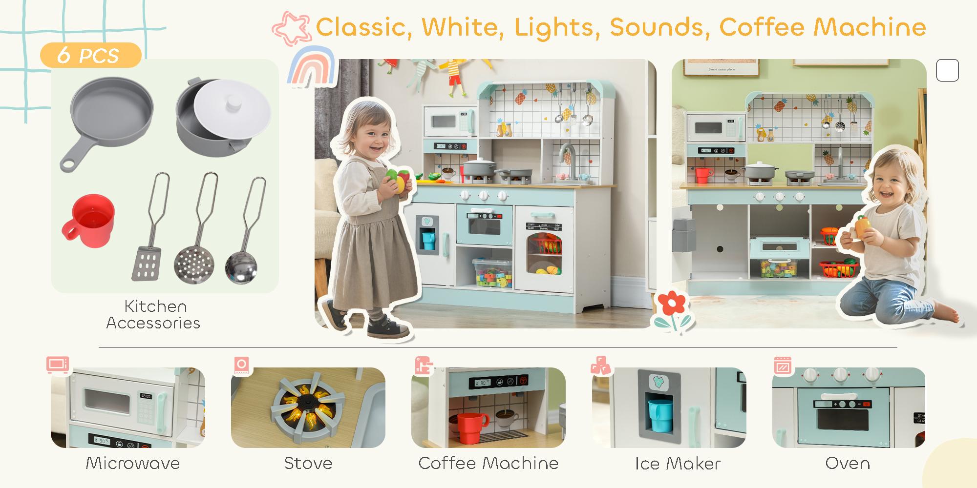 Qaba Corner Kitchen Playset with Cooking Set, Kids Kitchen Set with Range Hood, Microwave, Oven, Stove, Refrigerator, Telephone, Pretend Play Kitchen with Sound Effect for Toddlers