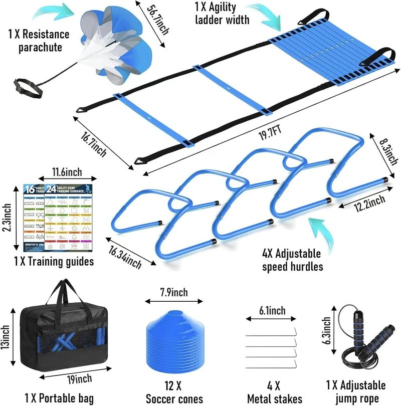 Agility Ladder, Agility Speed Training Equipment Set, 20ft Speed Ladder, 12 Soccer Cones, 4 Hurdles, Jump Rope, Running Parachute, suitable for foot movements, coordination and agility training