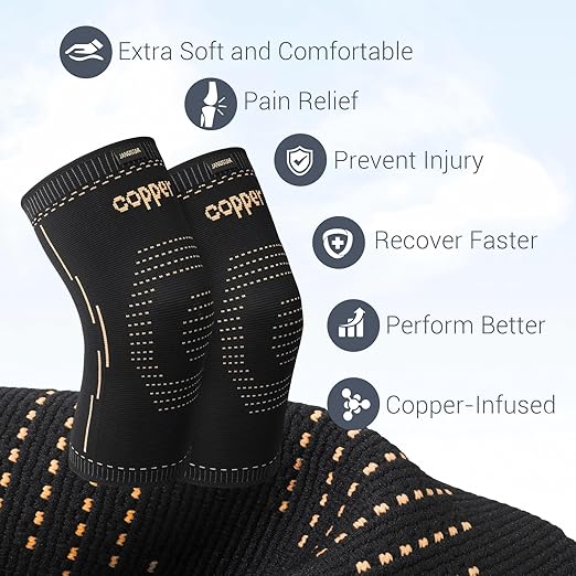 Copper Knee Braces with Strap 2 Pack, Adjustable Compression Sleeve for Knee Pain, Arthritis, ACL, Meniscus Tear | Support for Running, Basketball, Weightlifting, Workout | Men & Women