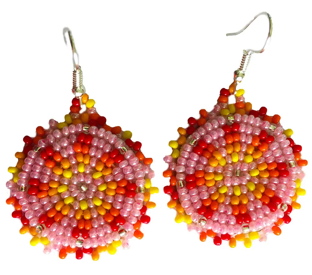 Women's Handmade Beaded Round Pink Costume Earrings - Fashion Costume Jewelry Accessories for Daily Wear