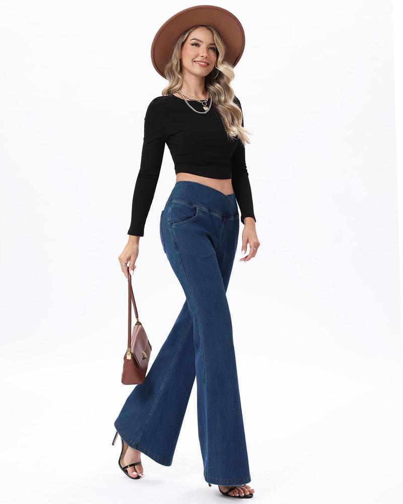 Bell Bottom Jeans for Women High Waisted Stretchy Flare Jeans Pull On Wide Leg Jean Woman V Cross Flare Leggings Pants