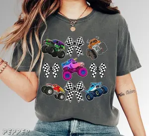 Family Monster Truck Comfort Colors Shirt, Matching Race Day Tees, Checkered Bows and Flags