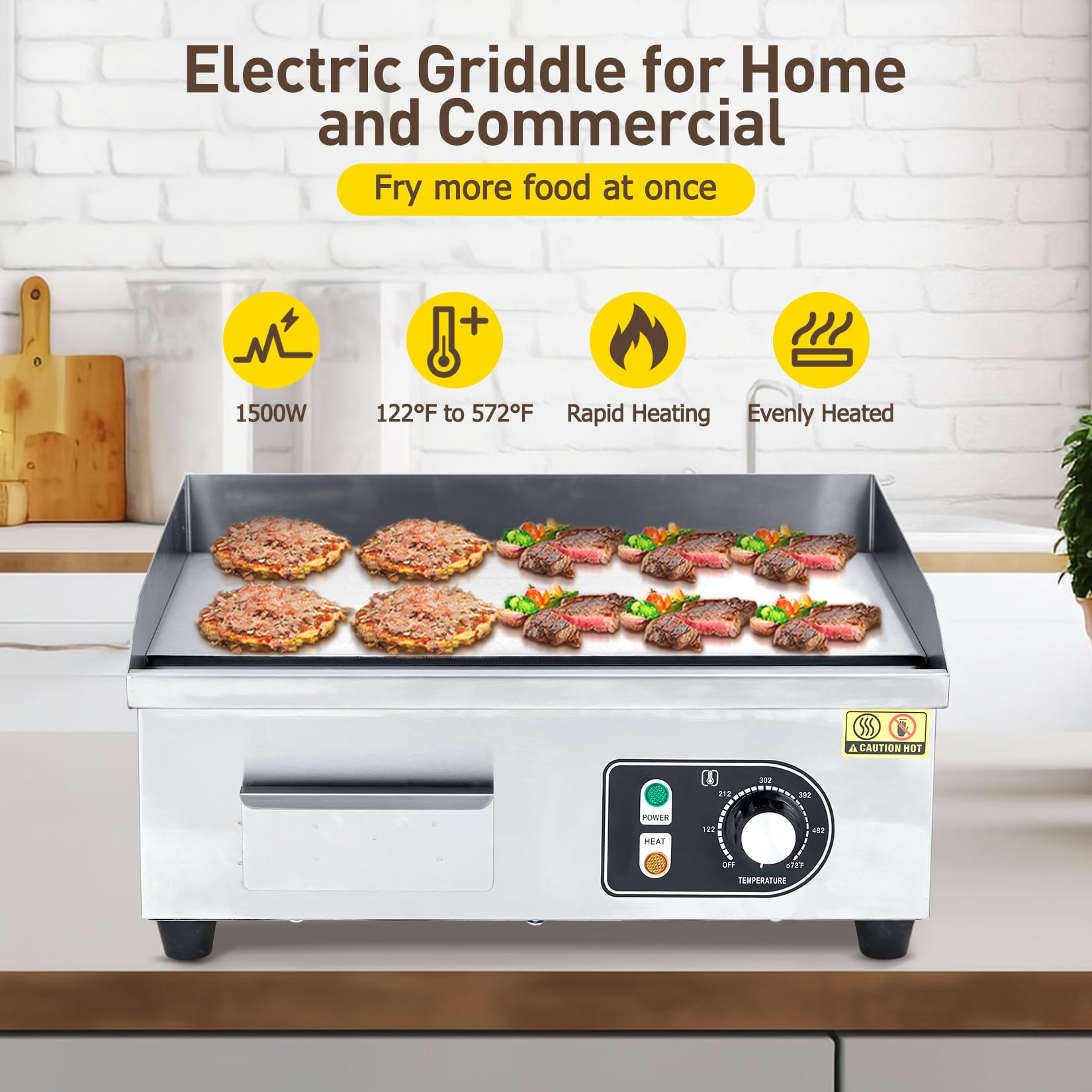【GARVEE】Commercial Electric Grills in 14, 18, 22, and 30-inch Sizes with 1500W to 3000W Power, Non-Stick Stainless Steel Surface, and Adjustable Temperature Control from 122°F to 572°F for Home and Restaurant Use