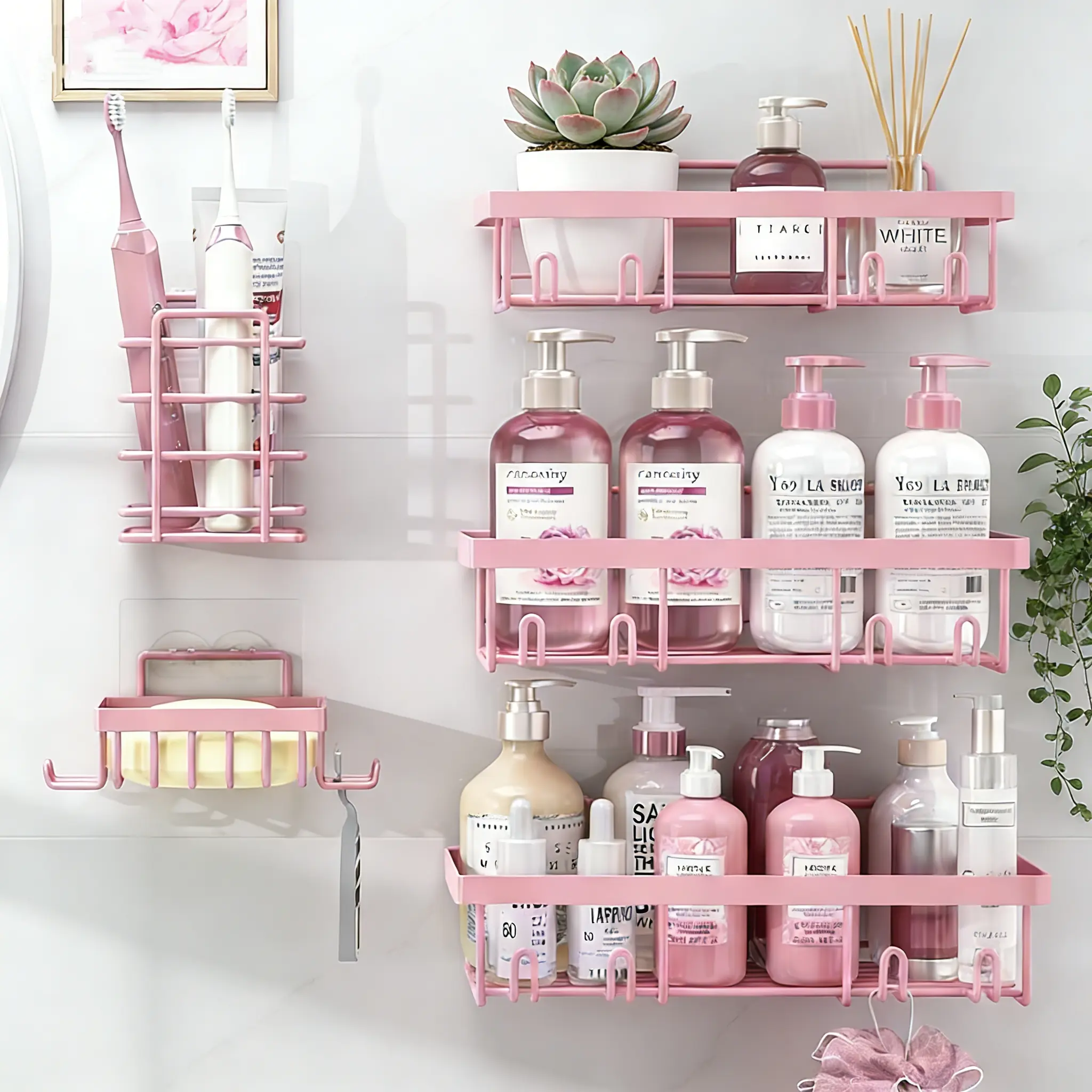 Pink Minimalist 5-Piece Heavy-Duty Shower Caddy Set - Adhesive Tape No-Drill Self-Adhesive Wall Mount, Rustproof Bathroom Organizer with Toothbrush & Soap Holder Shelves, Graduation Gift Home Supply