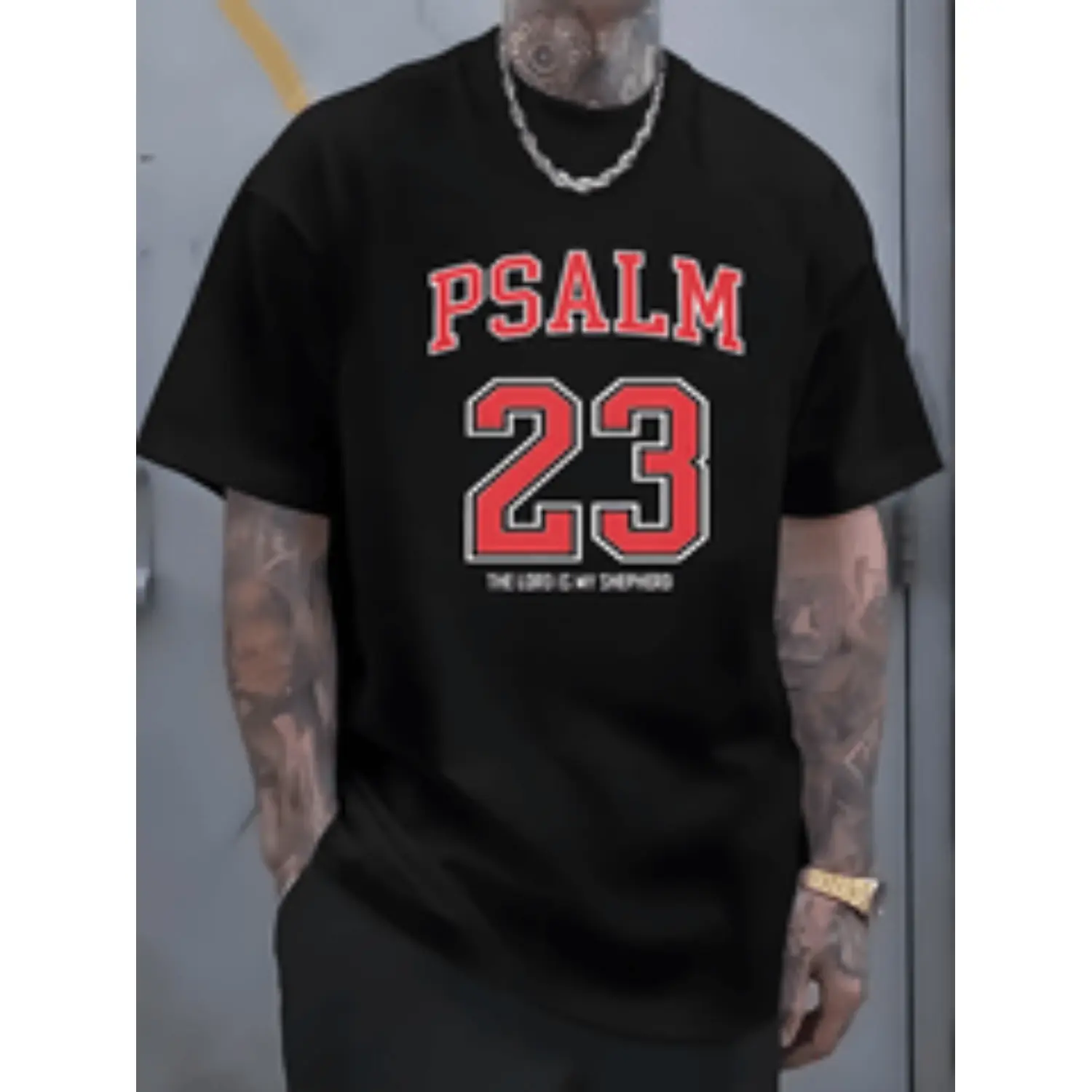Soft &Comfortable mens 100 cotton t shirt with psalm 23 the lord is my shepherd print   and white short sleeve crew neck relaxed fit casual streetwear style t shirt white