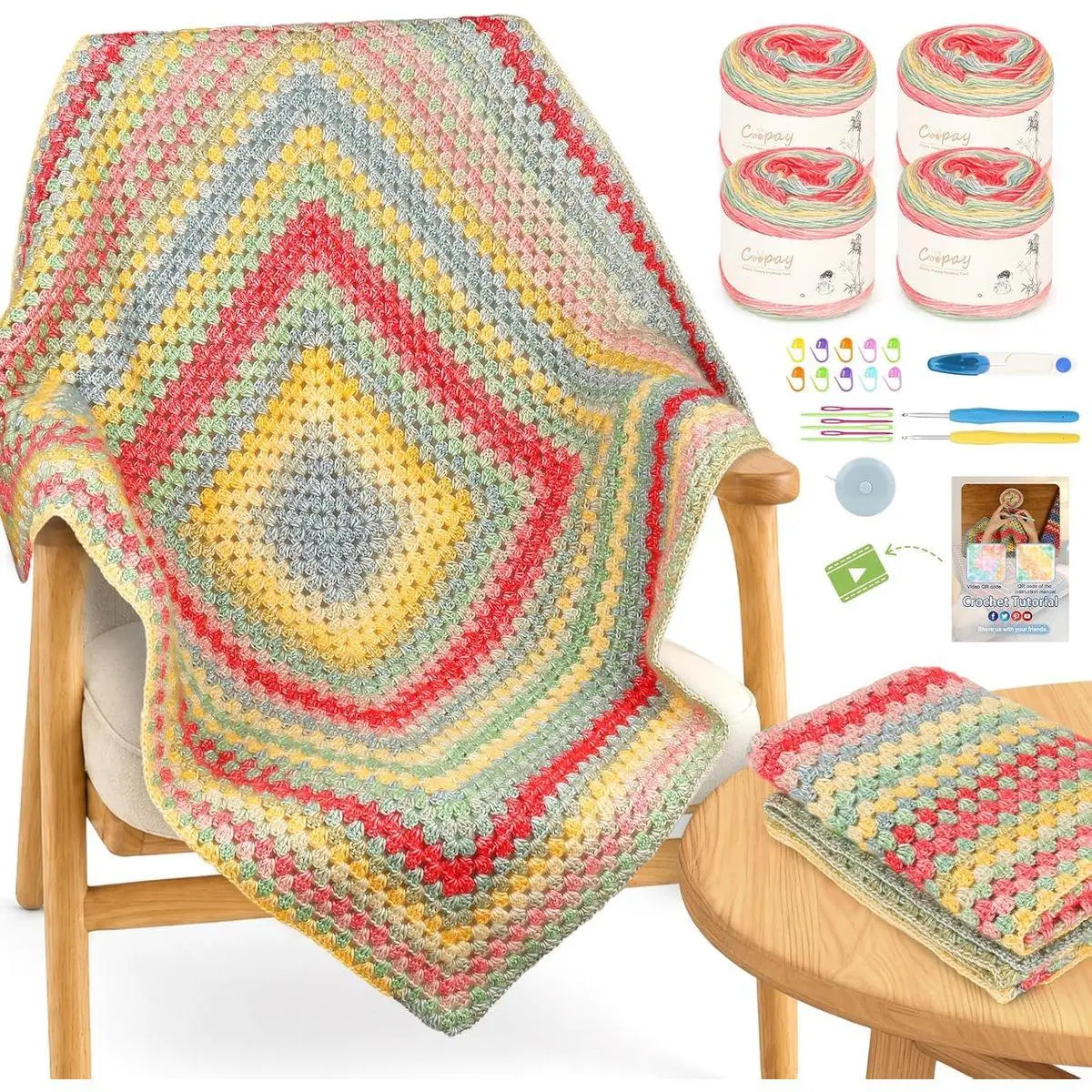 Crochet Kit for Beginners Granny Square Crochet Blanket Kit with 4 Skeins Crochet Yarn, Video Tutorial, Hooks & Complete Tools, DIY Crochet Blanket Kit, Handmade Gift for Adults & Beginners