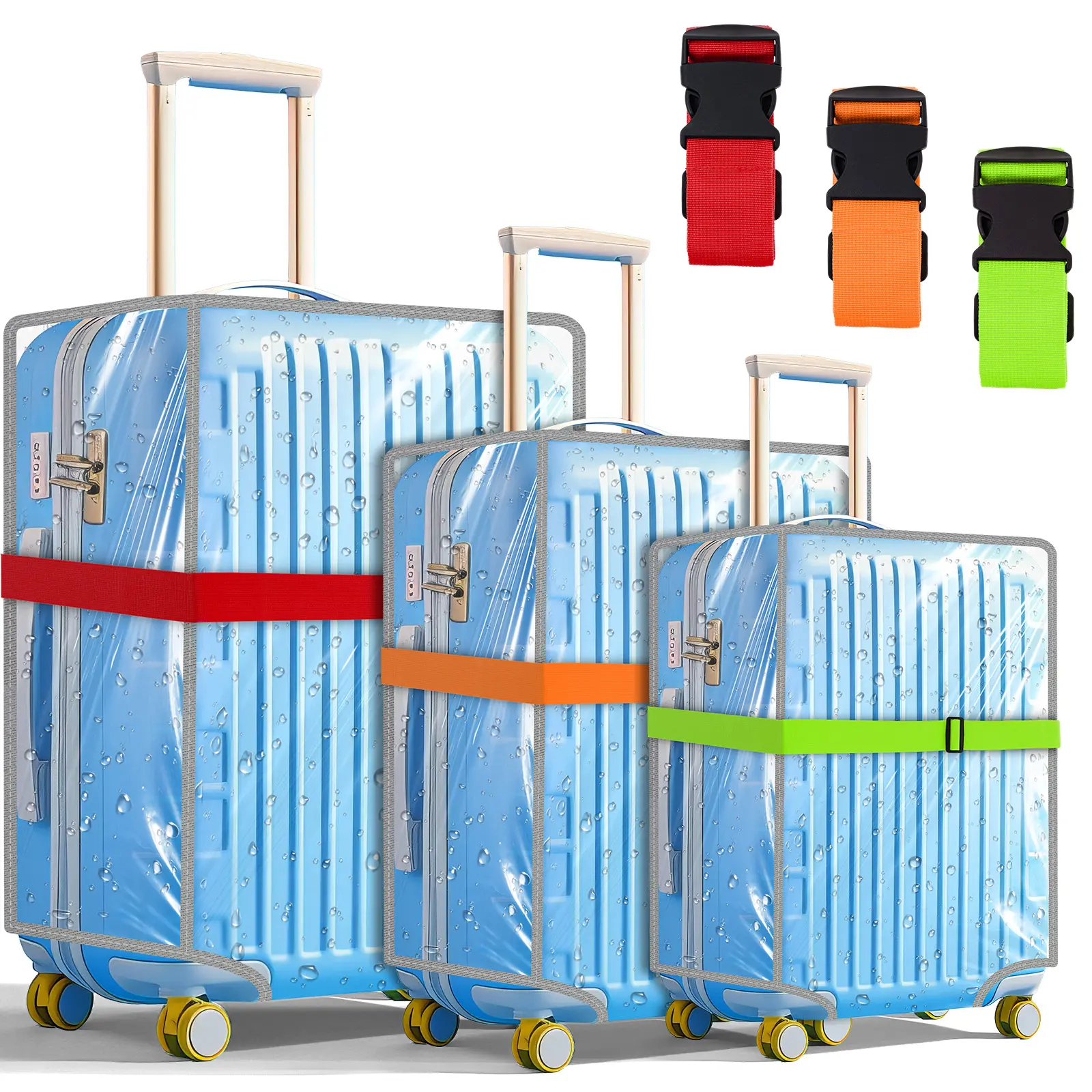 Waterproof PVC Luggage Cover Set - 3 Transparent Dust Covers, 3 Removable Adjustable Luggage Accessories Straps, Travel Accessory for 20-in, 24-in, 28-in Suitcases, Luggage Accessories Strap