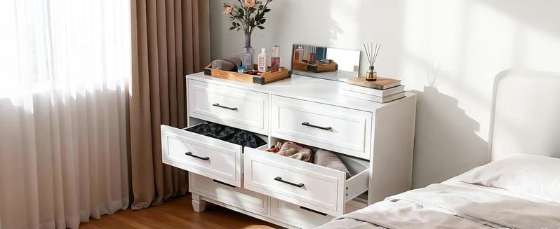 BERRY NEST Farmhouse Dresser for Bedroom, 47.2'' Wide Wood White Dresser with 6 Drawer, Modern Minimalist Chest of Drawers with Metal Handle, Closet Store Organizer for Living Room, Hallway