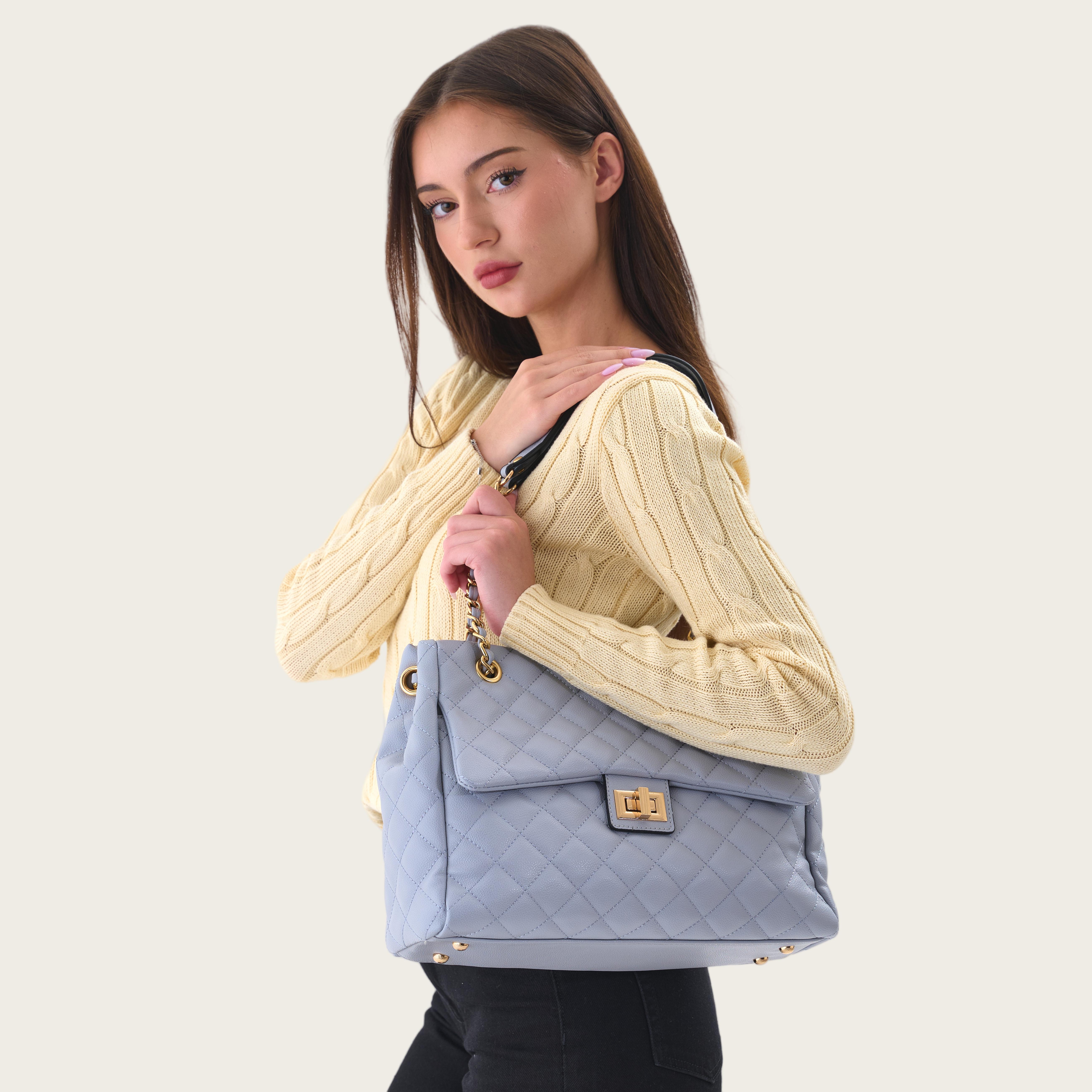 Shirley Women's Quilted Chain Tote Bag – Affordable Vegan Leather, Classic Flap Shoulder Bag for School and Work – Stylish Everyday Tote, Perfect Gift for Women in Multiple Colors