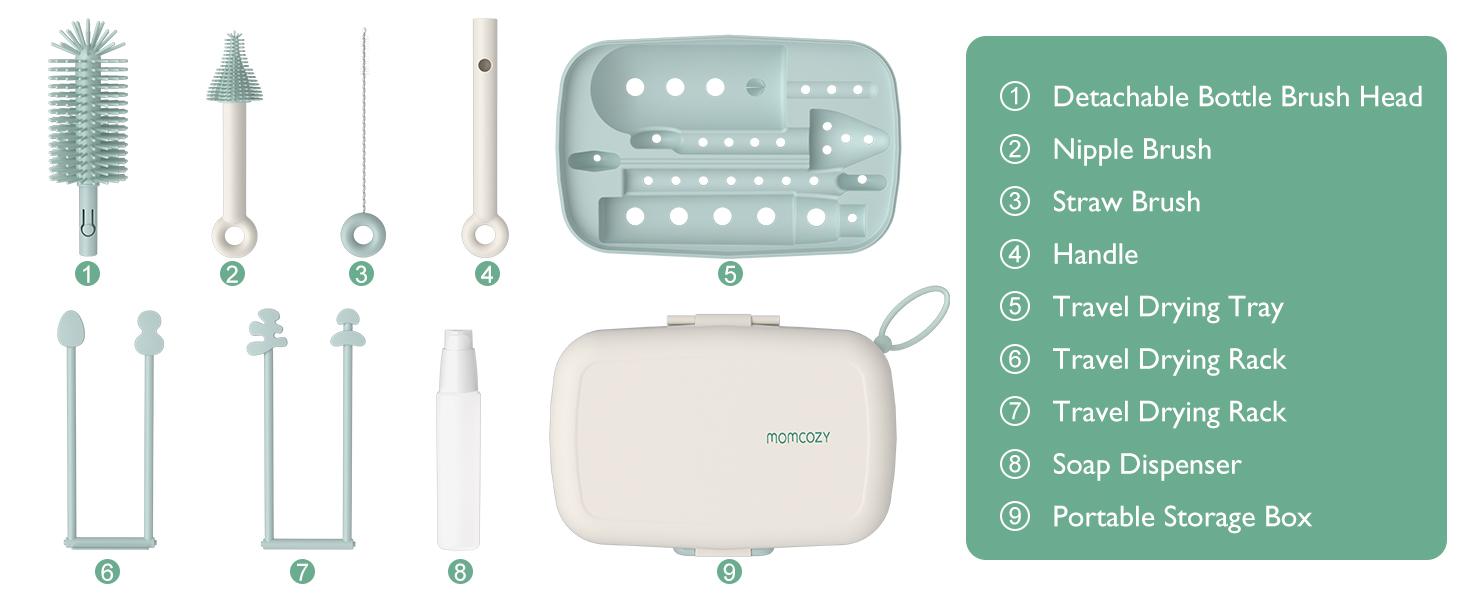 Momcozy Bottle Brush Kit, Innovative Push-Press Design for Better Cleaning - Baby Bottle Cleaner Brush for Baby Bottle, Breast Pumps, Nipples, and More - Can Generate Foam for Better Cleaning, Green