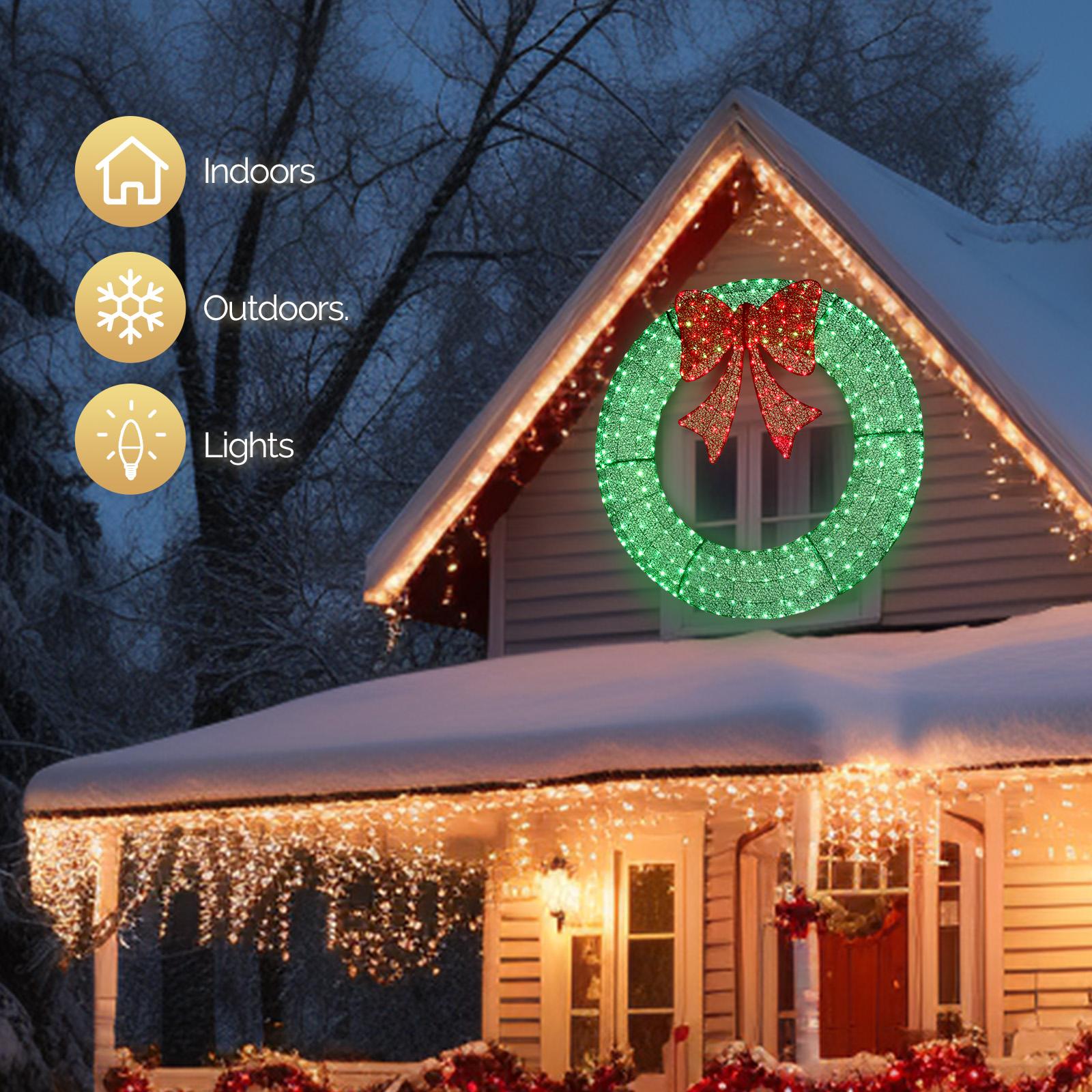 60in Pre-Lit Outdoor Christmas Wreath Decoration with 400 Warm White LED Lights Timer Remote Control Green Red Bow for Home Exterior Garden