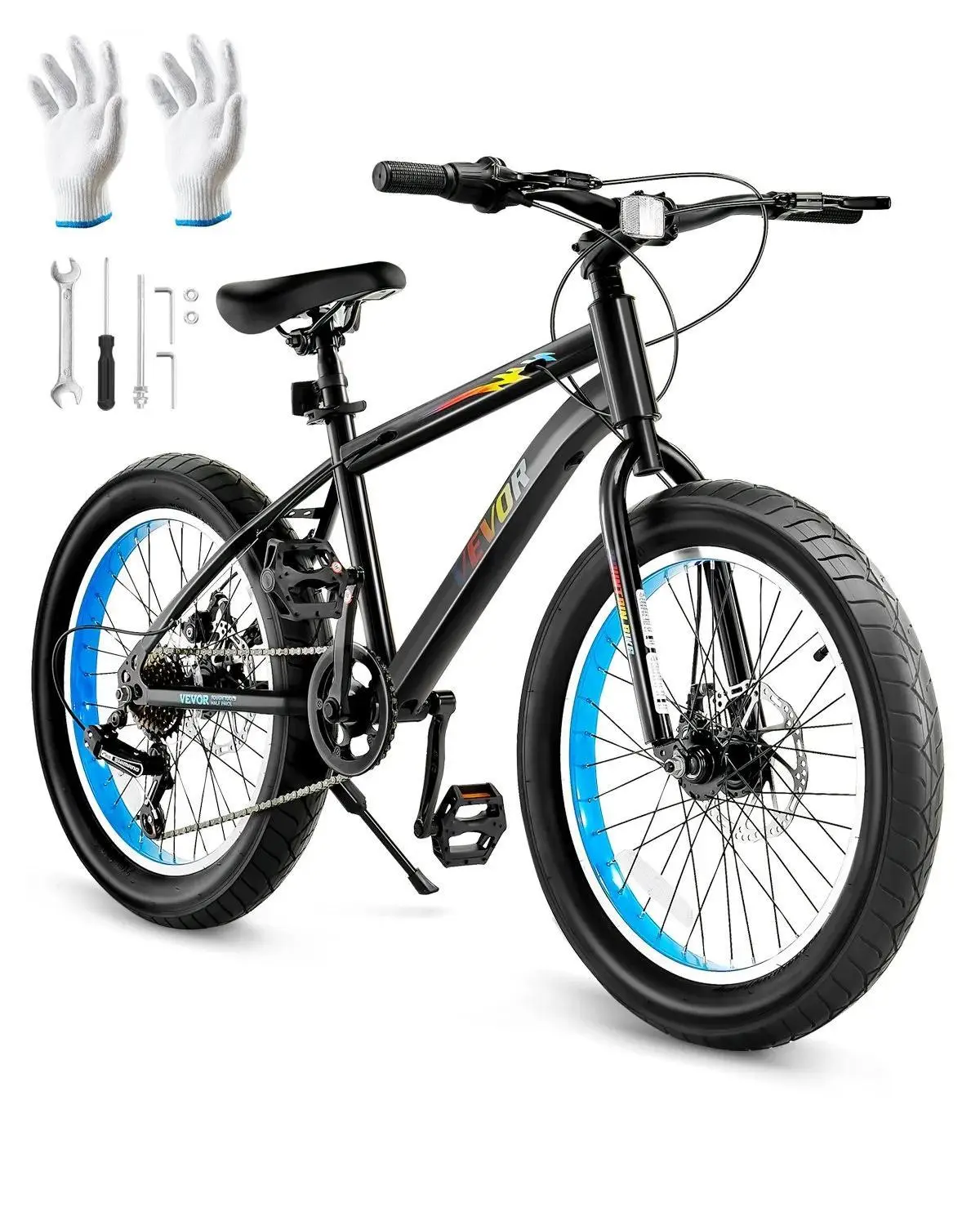 【Summerfinds】VEVOR 20-in Children's MTB Bicycle, 7-Speed SHIMANO Twist Shifting System, High Carbon Steel Frame, Dual Disc Brakes, Comfort Saddle, Fat Tires, 85% Pre-Assembled with Assembly Tool, for 48-60 Inches Tall Users, Trail & Snow Cycling