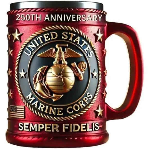 15 oz Military 3D Personalized Mug, US Marine Corps 250th Anniversary Semper Fidelis Design, Veteran Gift for Heroes, Camp Kitchen Drinkware for Camping & Hiking, Drink