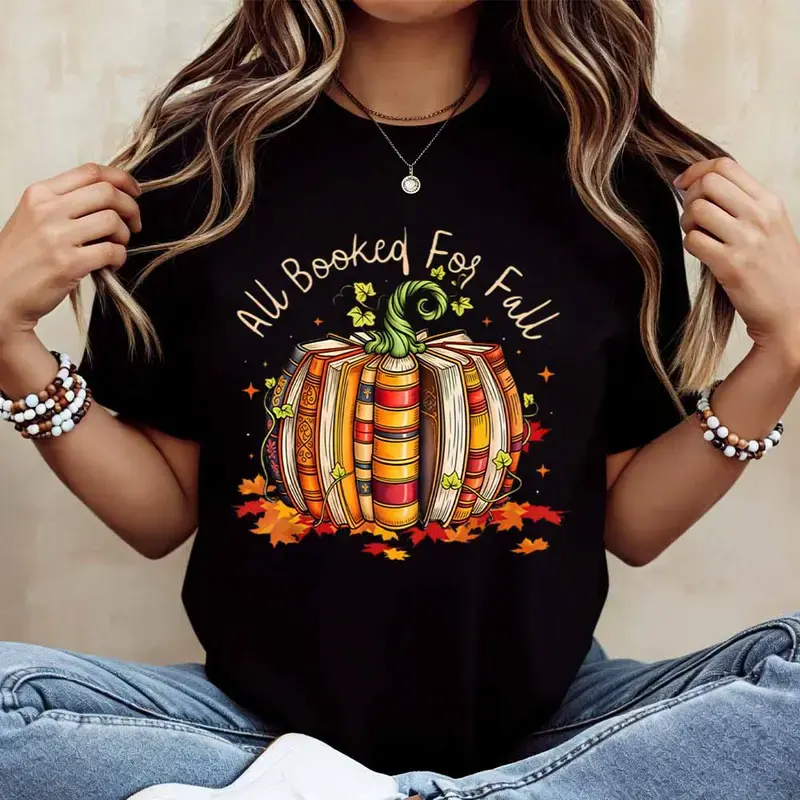 All Booked For Fall Pumpkin Books Print T Shirt Women Casual Short Sleeve Top Autumn Theme Graphic Tee
